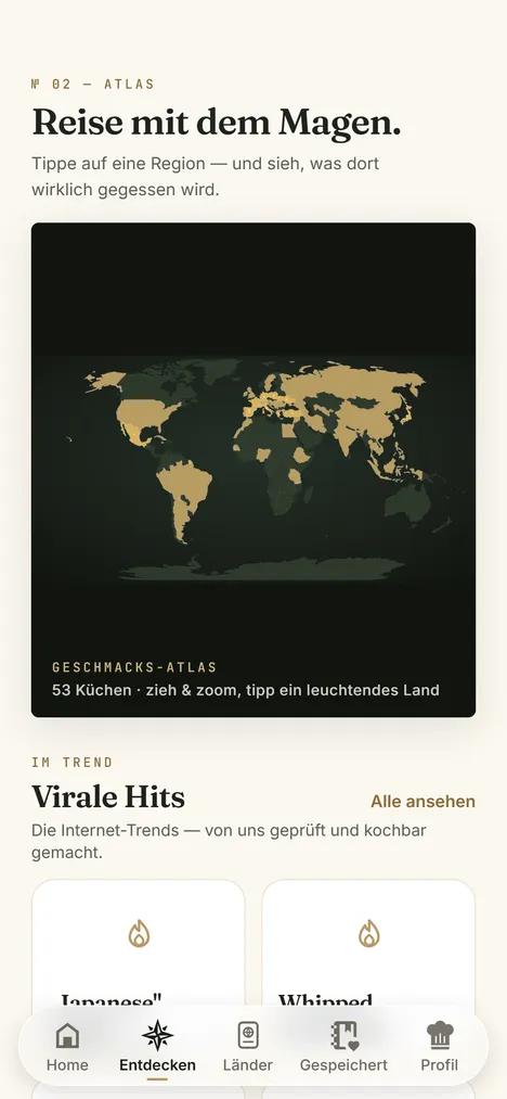 Entdecken-Screen: der Geschmacks-Atlas mit interaktiver Weltkarte