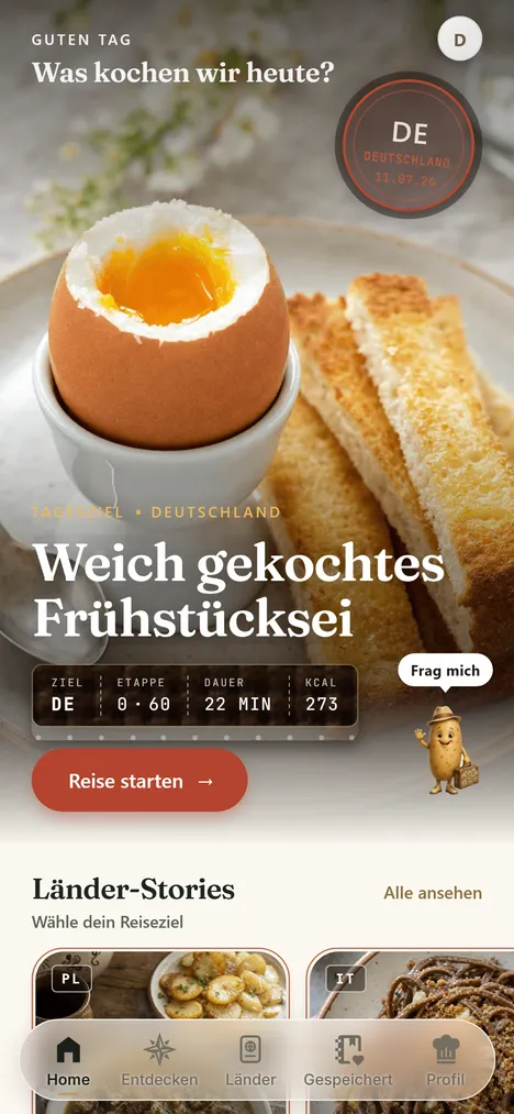 Home-Screen: dein Tagesziel als Reisepass